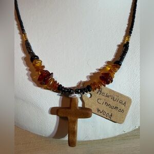 Handcrafted Hawaiian Cinnamon Wood Cross Beaded Necklace - Brown & Amber